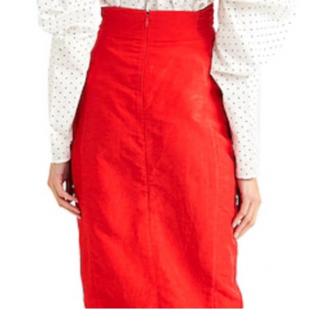 CARMEN MARCH red linen high rise gathered waist fitted midi slit pencil skirt - Picture 3 of 9